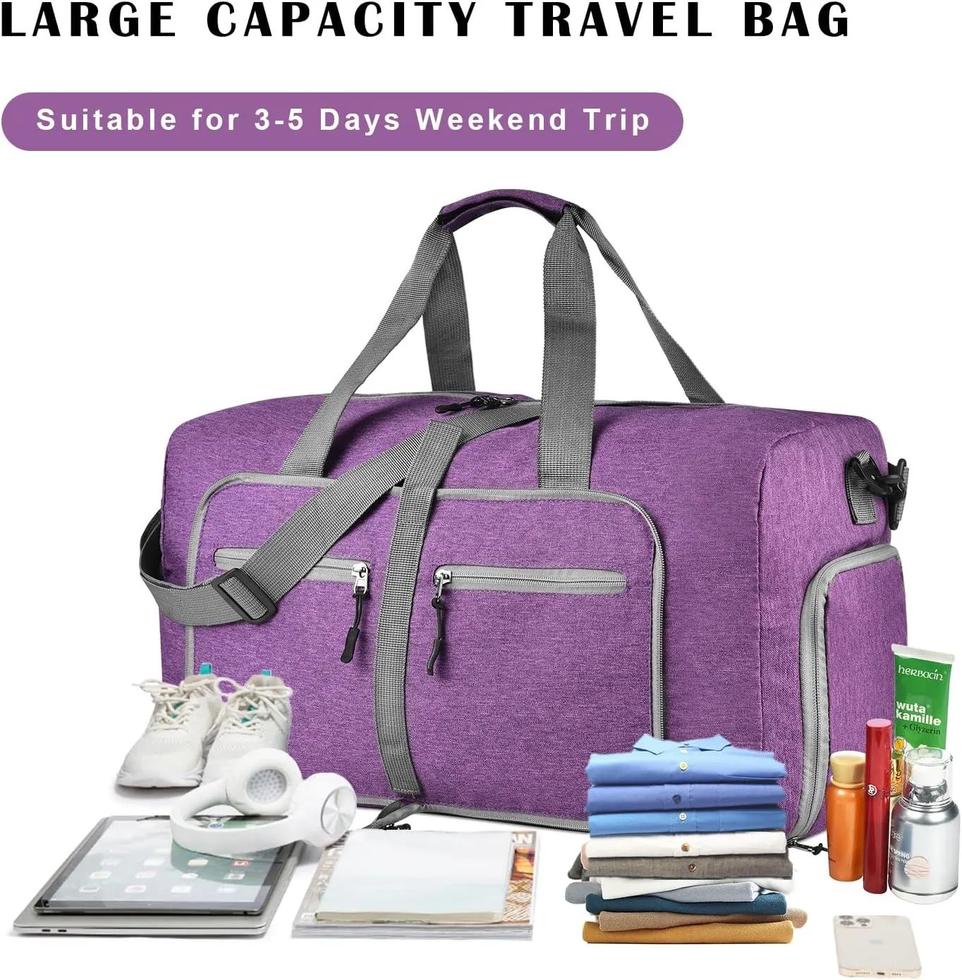 Dimayar 115L Travel Duffle Bag for Men Women - Foldable Duffel Bag with Shoes Compartment - Overnight Bags Waterproof & Tear Resistant(Purple)