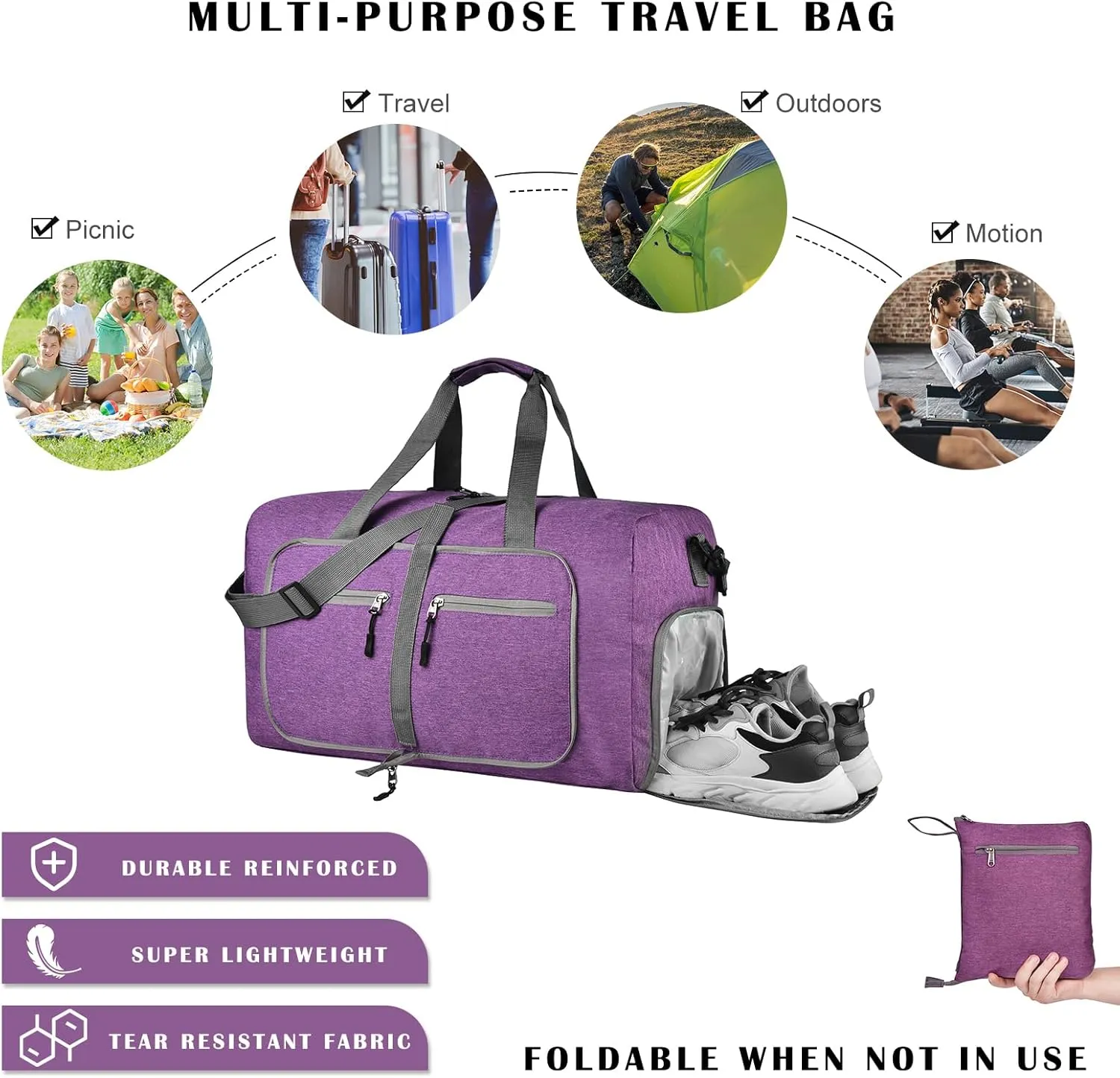 Dimayar 115L Travel Duffle Bag for Men Women - Foldable Duffel Bag with Shoes Compartment - Overnight Bags Waterproof & Tear Resistant(Purple)