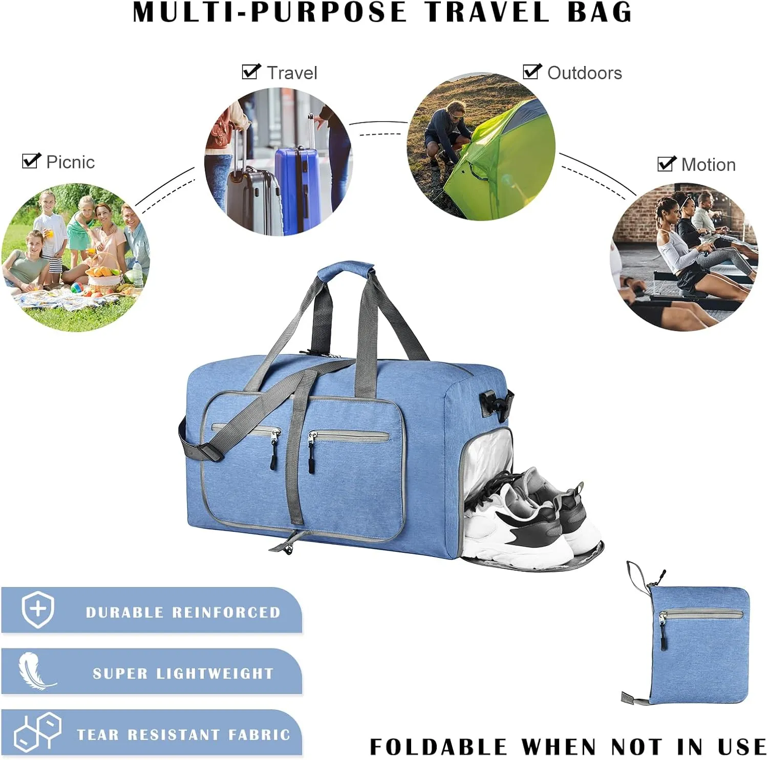 Dimayar Travel Duffle Bag for Men - Foldable Duffel Bag with Shoes Compartment - Overnight Bags Waterproof & Tear Resistant, Blue, 65L