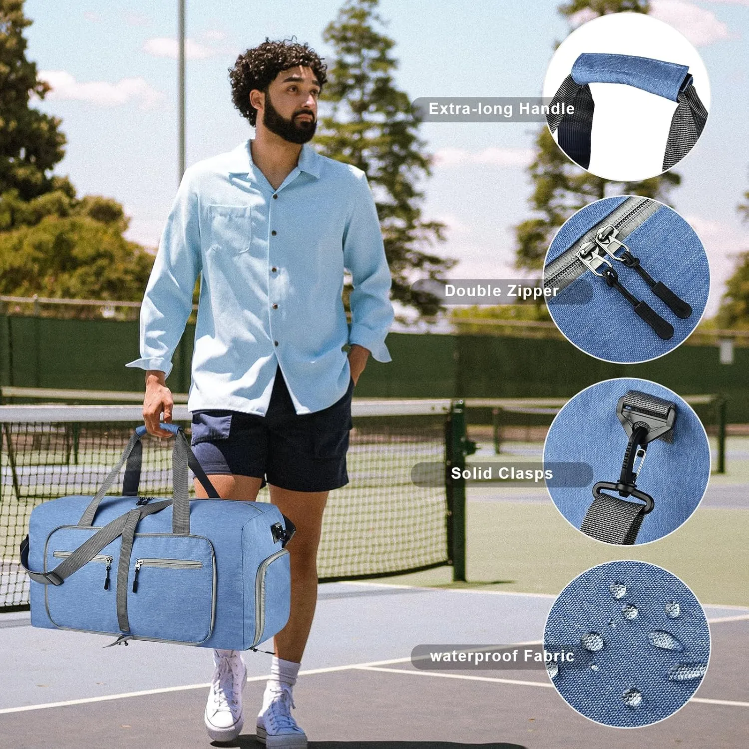 Dimayar Travel Duffle Bag for Men - Foldable Duffel Bag with Shoes Compartment - Overnight Bags Waterproof & Tear Resistant, Blue, 85L