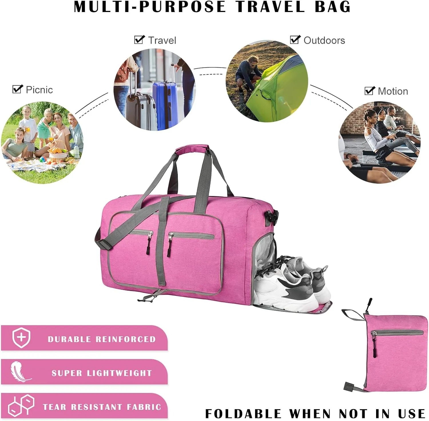 Dimayar Travel Duffle Bag for Men - Foldable Duffel Bag with Shoes Compartment - Overnight Bags Waterproof & Tear Resistant, Rouge Pink, 115L