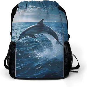Dolphin Jumping Out of The Ocean Drawstring Backpack String Bag Sports Gym Sackpack with Side Pocket Shoes Compartment