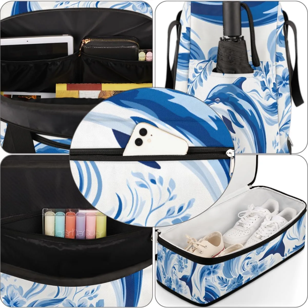 Dolphin Print Foldable Travel Duffel Bag Overnight Weekender Bag with Shoes Compartment Sports Gym Bag for Men Women