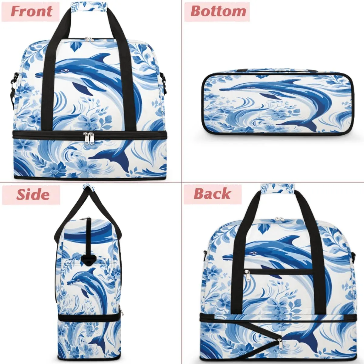 Dolphin Print Foldable Travel Duffel Bag Overnight Weekender Bag with Shoes Compartment Sports Gym Bag for Men Women