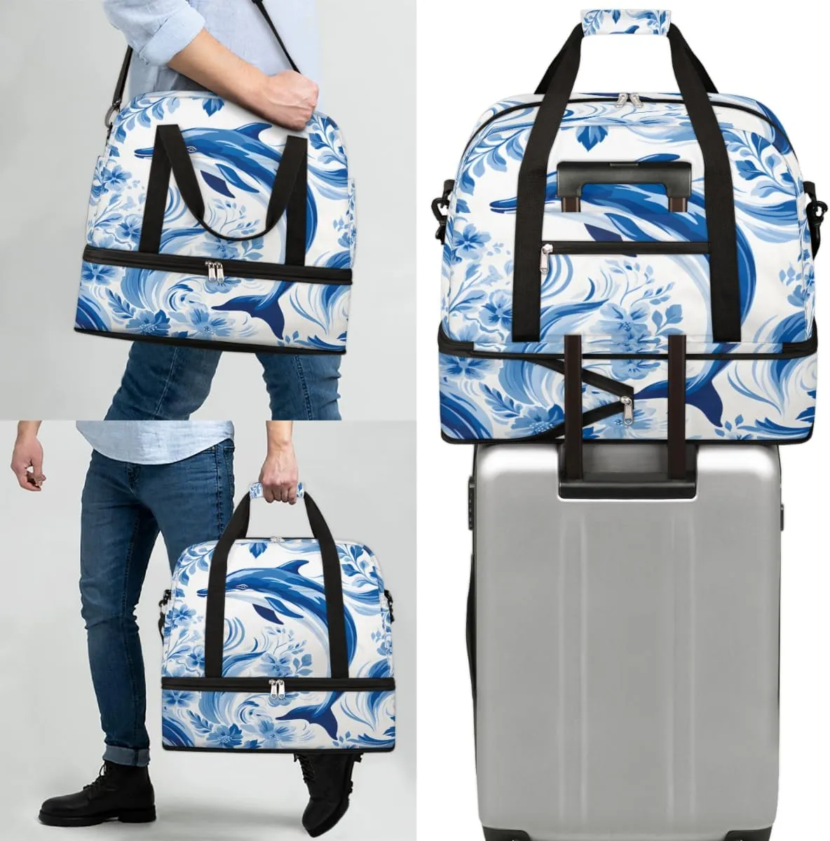 Dolphin Print Foldable Travel Duffel Bag Overnight Weekender Bag with Shoes Compartment Sports Gym Bag for Men Women