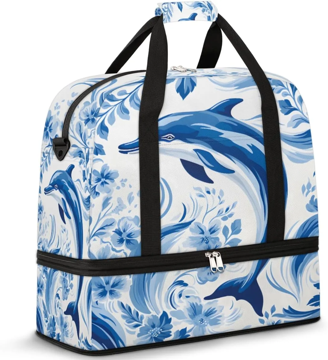 Dolphin Print Foldable Travel Duffel Bag Overnight Weekender Bag with Shoes Compartment Sports Gym Bag for Men Women