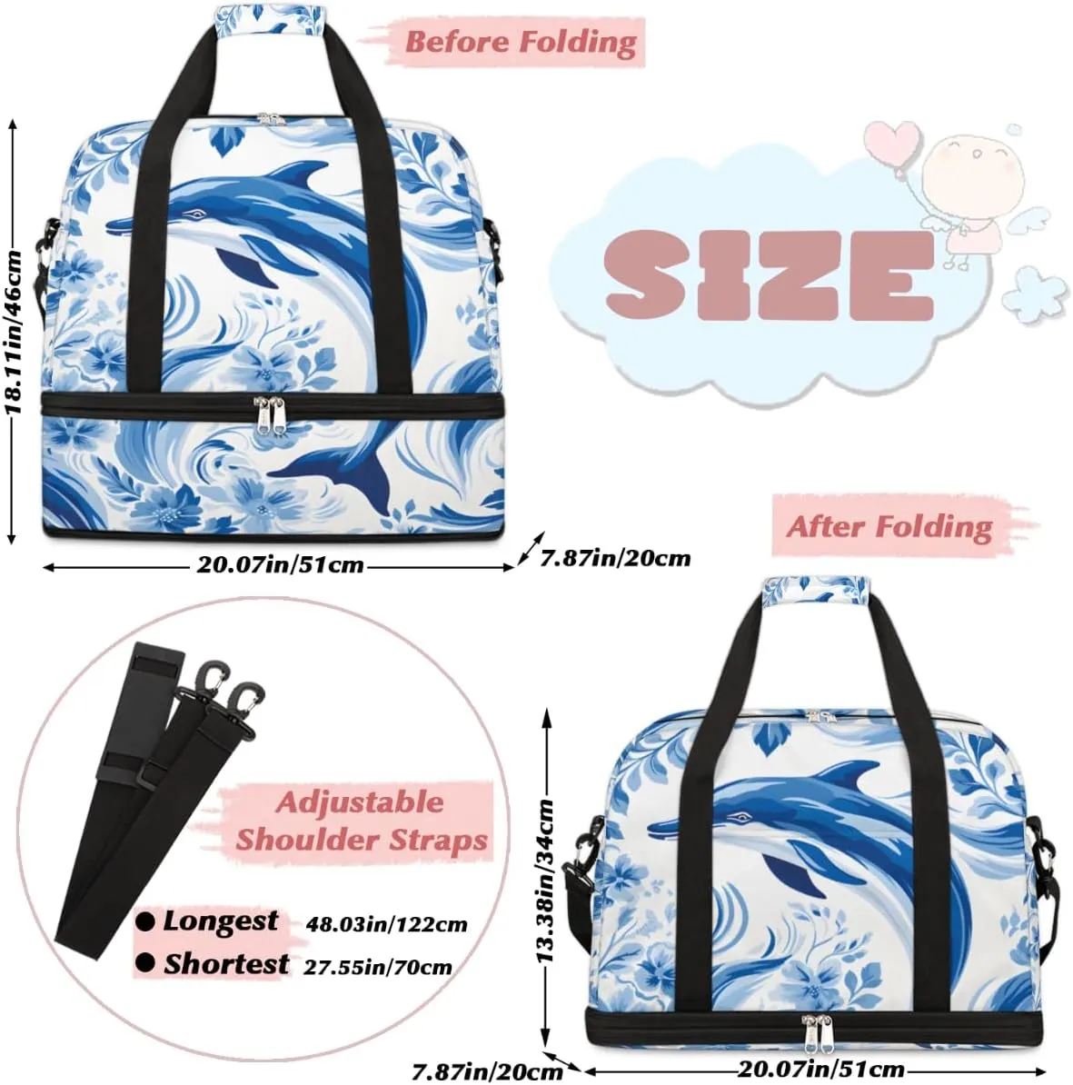 Dolphin Print Foldable Travel Duffel Bag Overnight Weekender Bag with Shoes Compartment Sports Gym Bag for Men Women