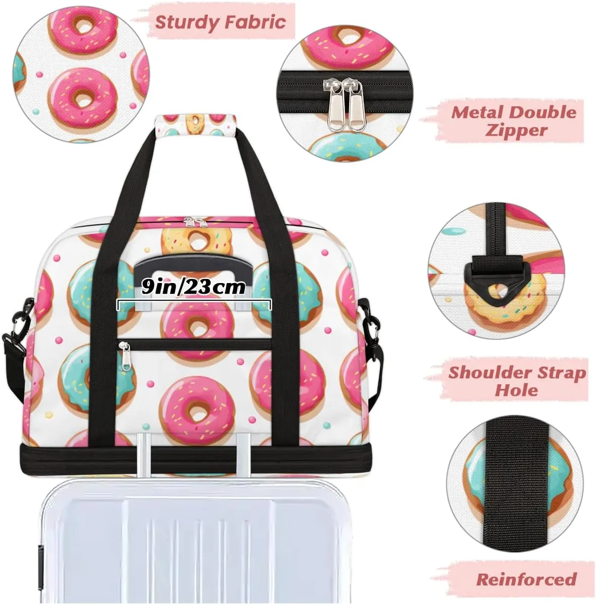 Donuts Foods Style Foldable Travel Duffel Bag Overnight Weekender Bag with Shoes Compartment Sports Gym Bag for Men Women