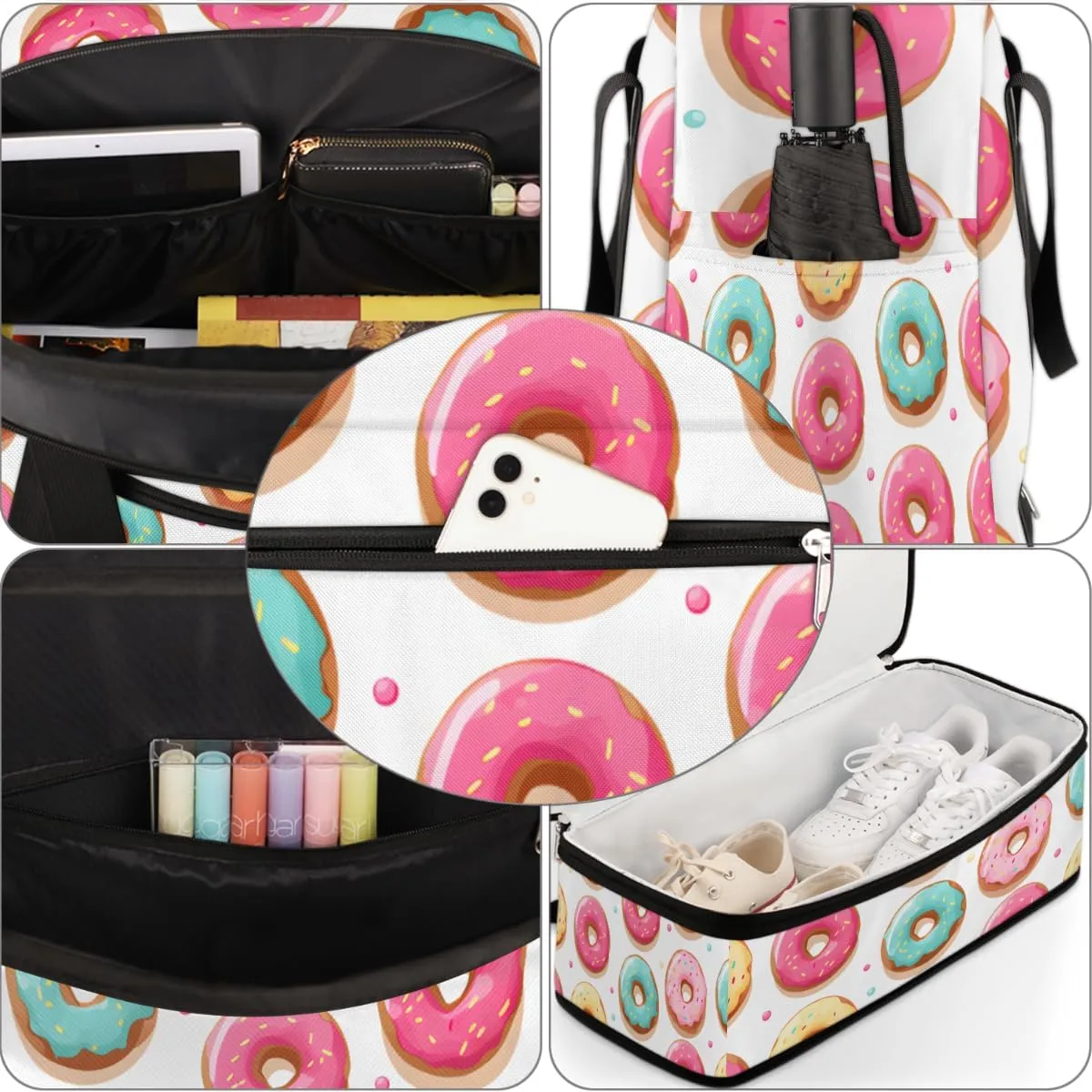 Donuts Foods Style Foldable Travel Duffel Bag Overnight Weekender Bag with Shoes Compartment Sports Gym Bag for Men Women