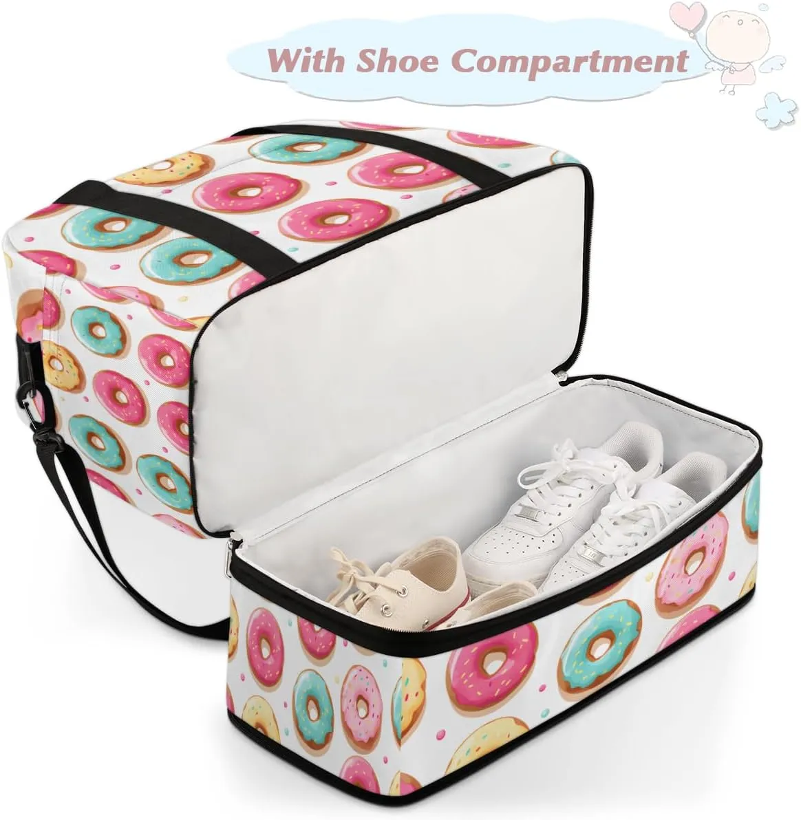 Donuts Foods Style Foldable Travel Duffel Bag Overnight Weekender Bag with Shoes Compartment Sports Gym Bag for Men Women