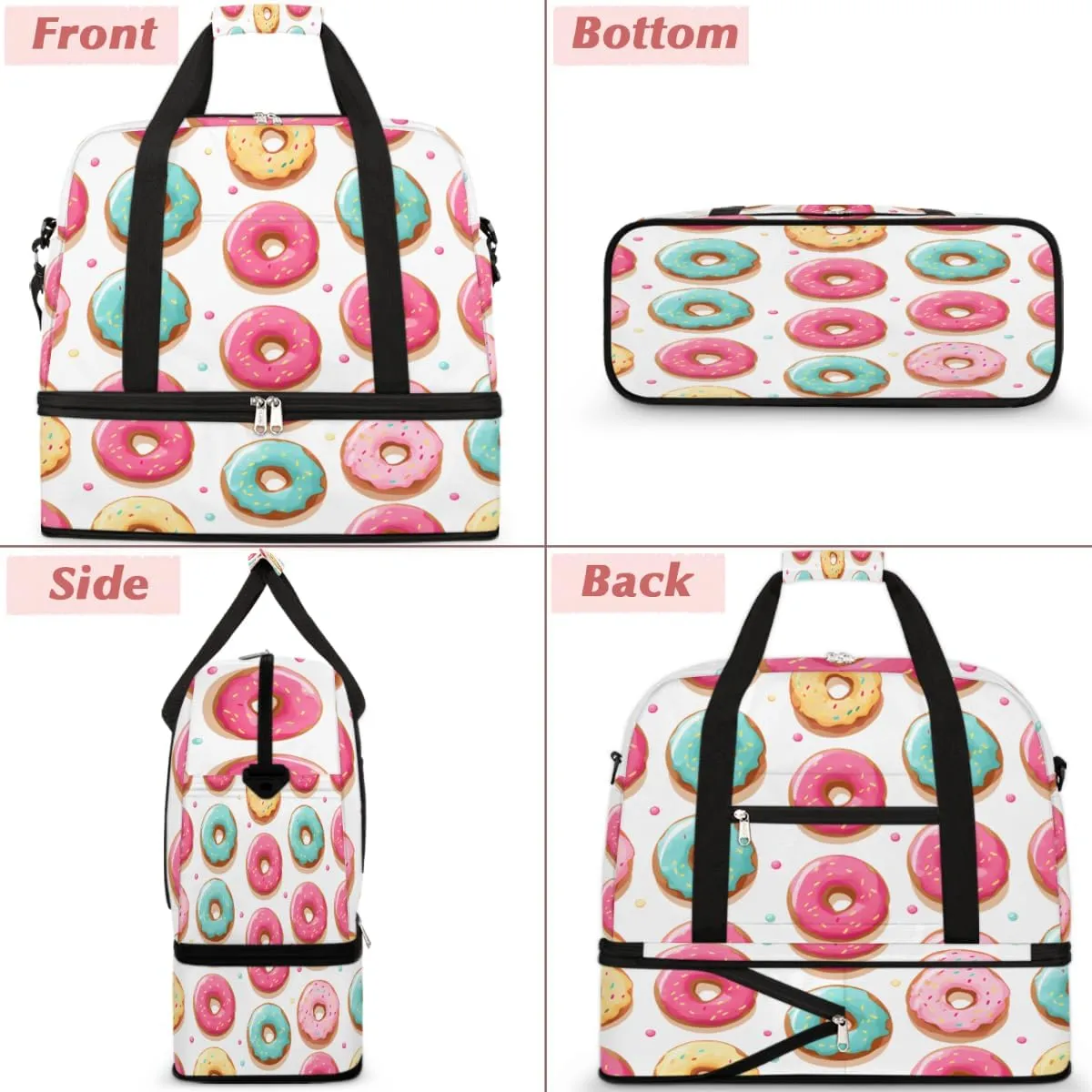 Donuts Foods Style Foldable Travel Duffel Bag Overnight Weekender Bag with Shoes Compartment Sports Gym Bag for Men Women