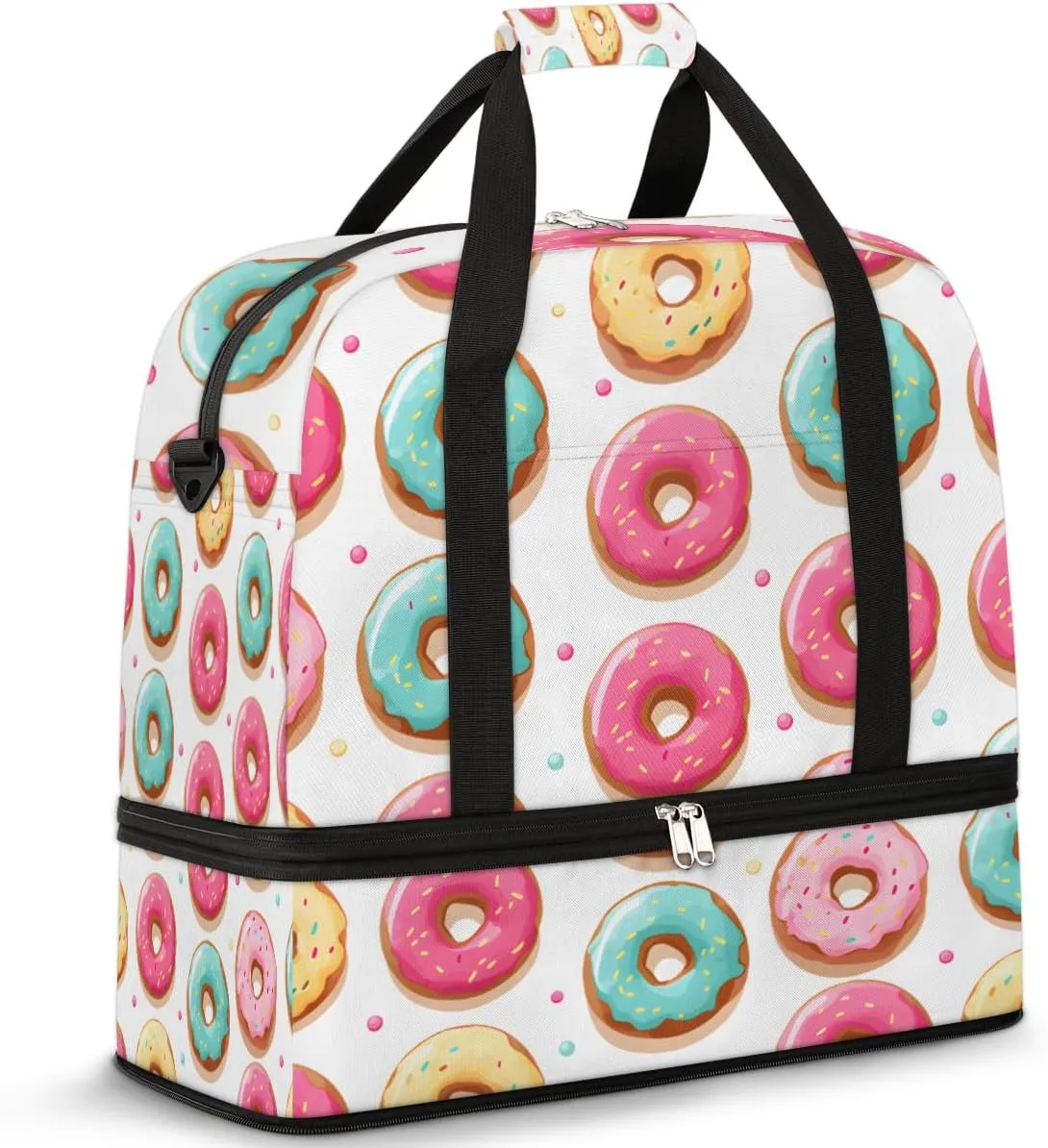 Donuts Foods Style Foldable Travel Duffel Bag Overnight Weekender Bag with Shoes Compartment Sports Gym Bag for Men Women