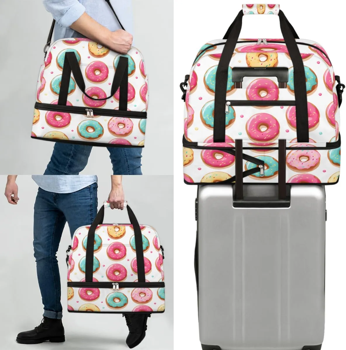 Donuts Foods Style Foldable Travel Duffel Bag Overnight Weekender Bag with Shoes Compartment Sports Gym Bag for Men Women