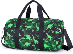 Duffle Bag for Kids Travel Overnight Bags Boys Sport Gym Bag with Shoe Compartment & Wet Pocket, Small Carry-On Size & Ideal for School Practice or Weekender Travel Bag Green DInosaur
