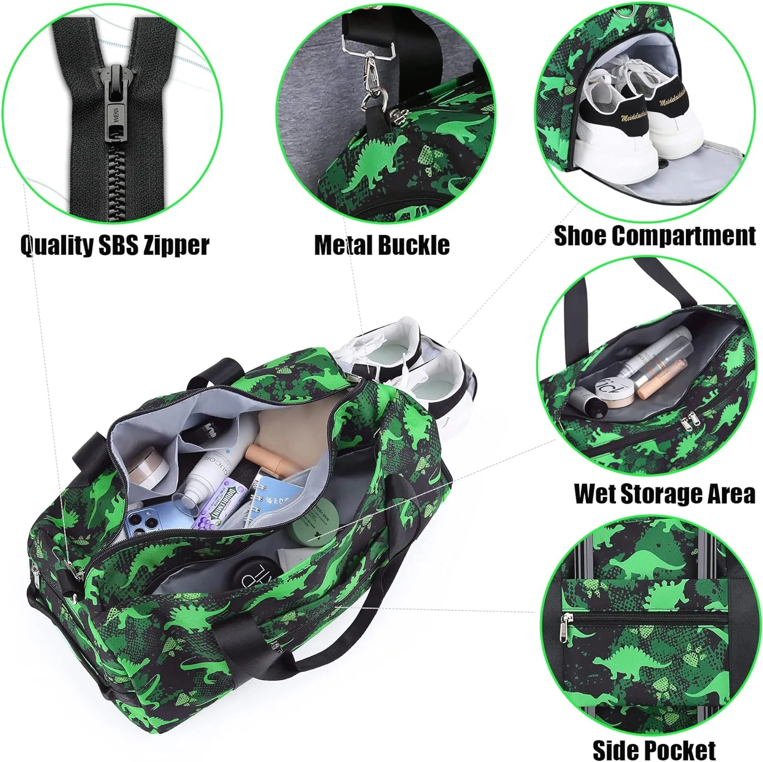 Duffle Bag for Kids Travel Overnight Bags Boys Sport Gym Bag with Shoe Compartment & Wet Pocket, Small Carry-On Size & Ideal for School Practice or Weekender Travel Bag Green DInosaur