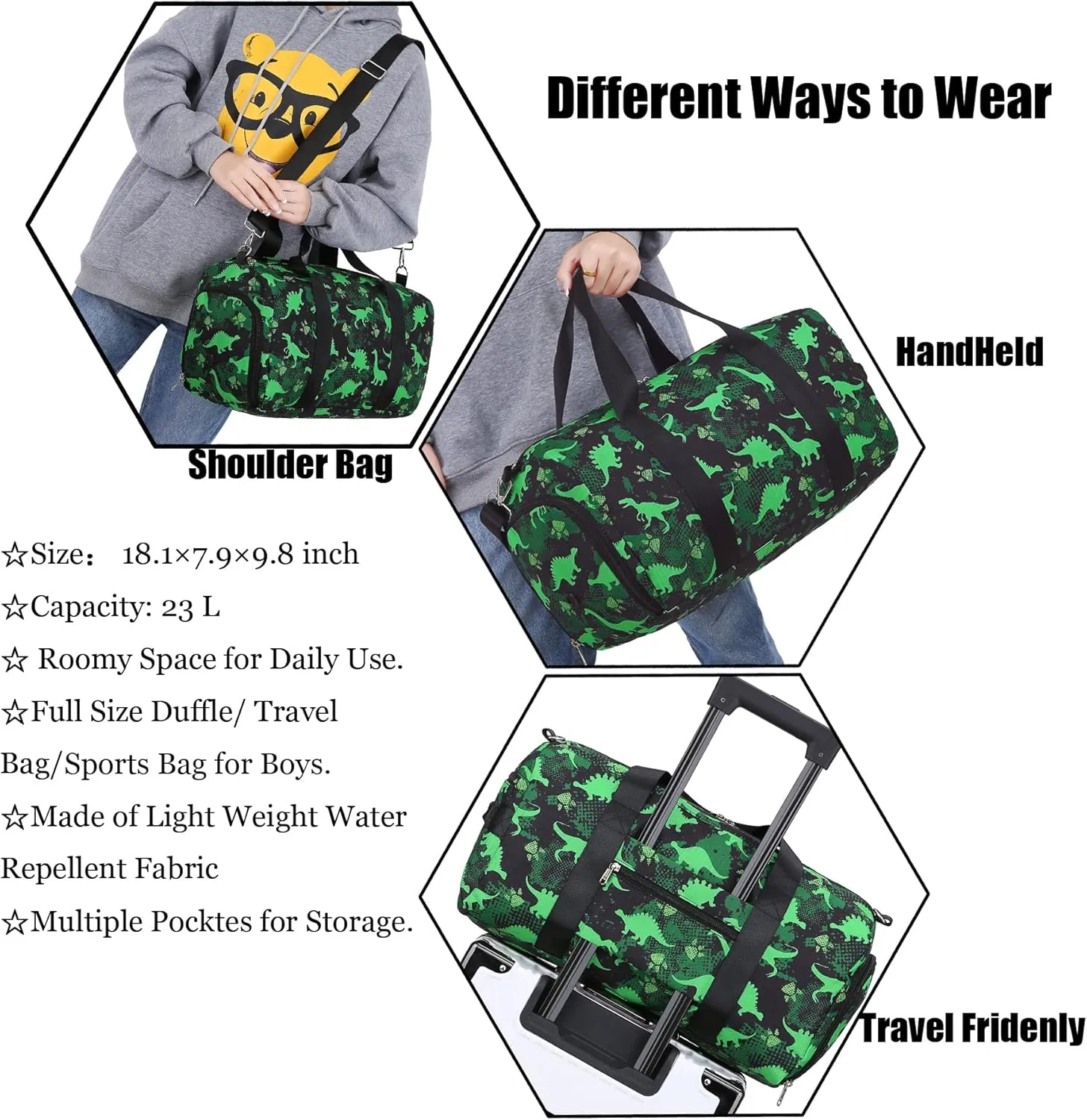 Duffle Bag for Kids Travel Overnight Bags Boys Sport Gym Bag with Shoe Compartment & Wet Pocket, Small Carry-On Size & Ideal for School Practice or Weekender Travel Bag Green DInosaur