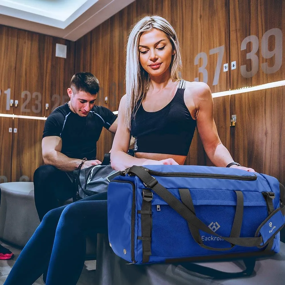 Eackrola Extra Large Sports Gym Bag, Travel Duffel bag with Wet Pocket & Shoes Compartment for men women, 85L, Lightweight （Blue）
