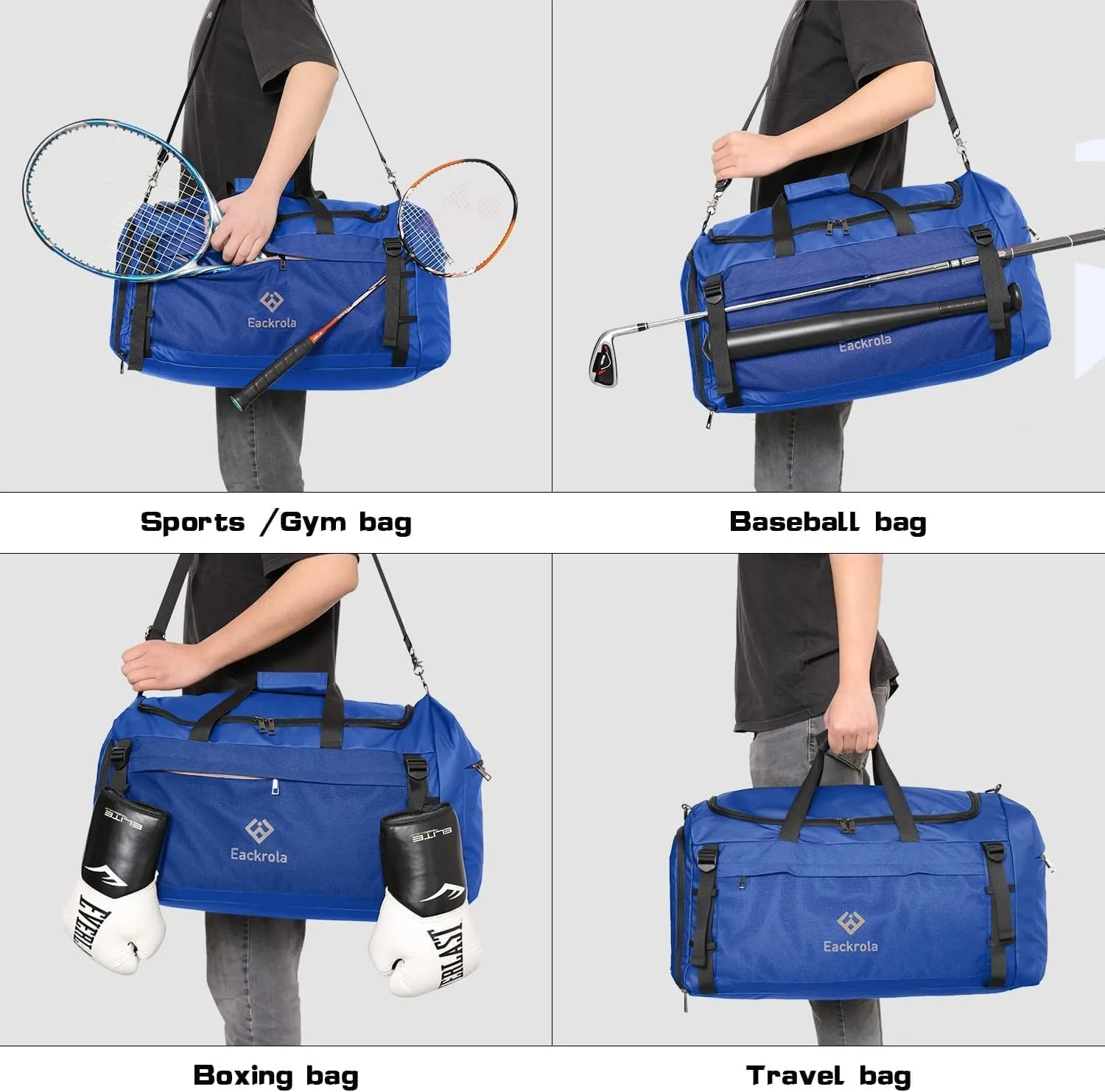 Eackrola Extra Large Sports Gym Bag, Travel Duffel bag with Wet Pocket & Shoes Compartment for men women, 85L, Lightweight （Blue）