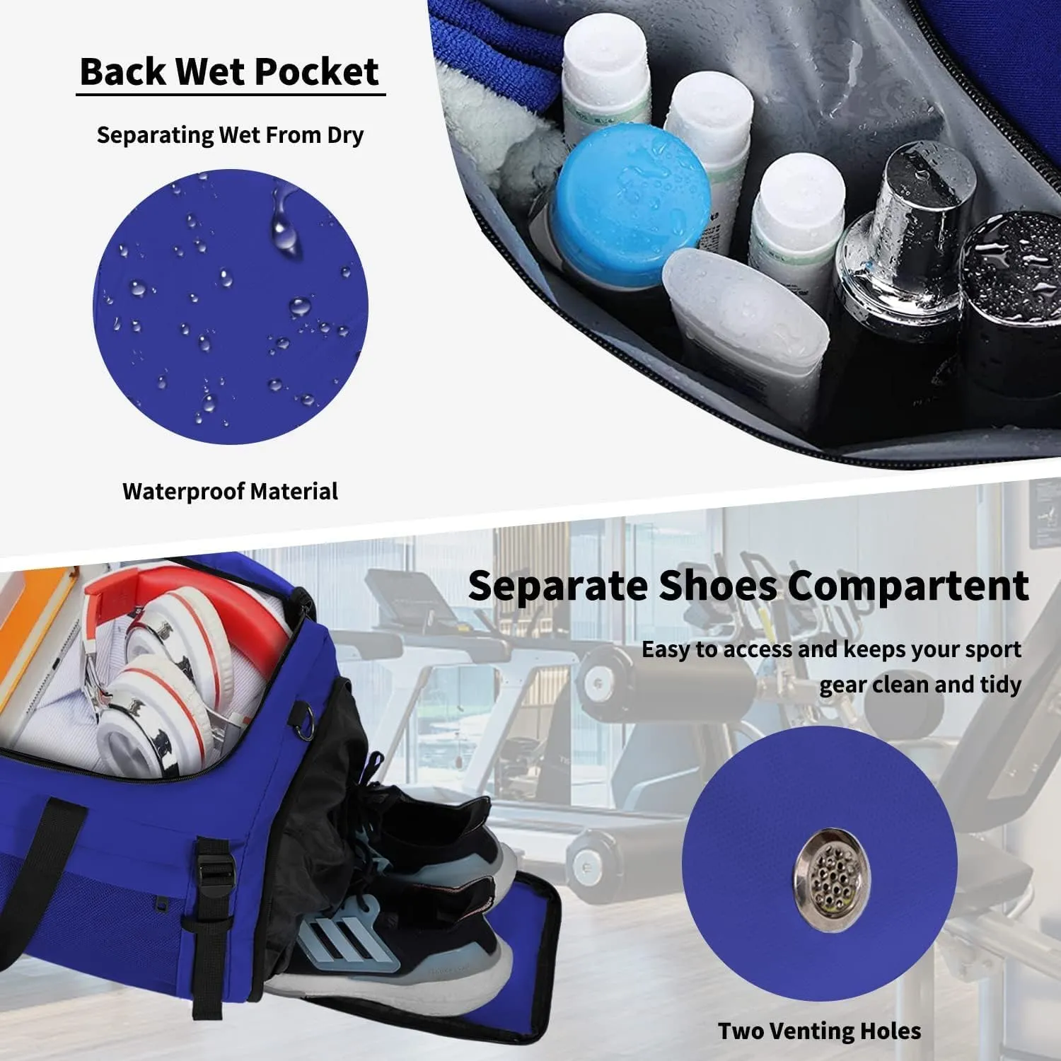Eackrola Extra Large Sports Gym Bag, Travel Duffel bag with Wet Pocket & Shoes Compartment for men women, 85L, Lightweight （Blue）