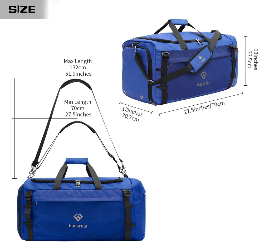 Eackrola Extra Large Sports Gym Bag, Travel Duffel bag with Wet Pocket & Shoes Compartment for men women, 85L, Lightweight （Blue）