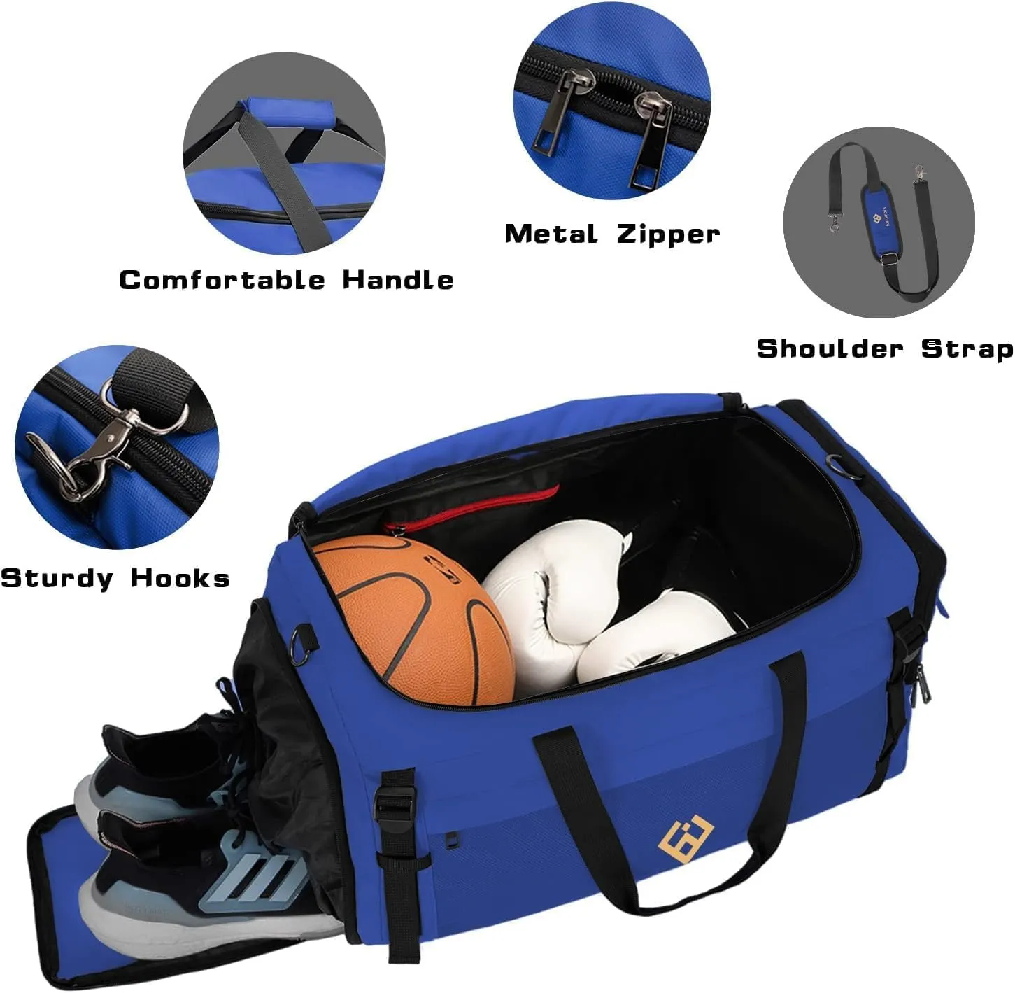 Eackrola Extra Large Sports Gym Bag, Travel Duffel bag with Wet Pocket & Shoes Compartment for men women, 85L, Lightweight （Blue）