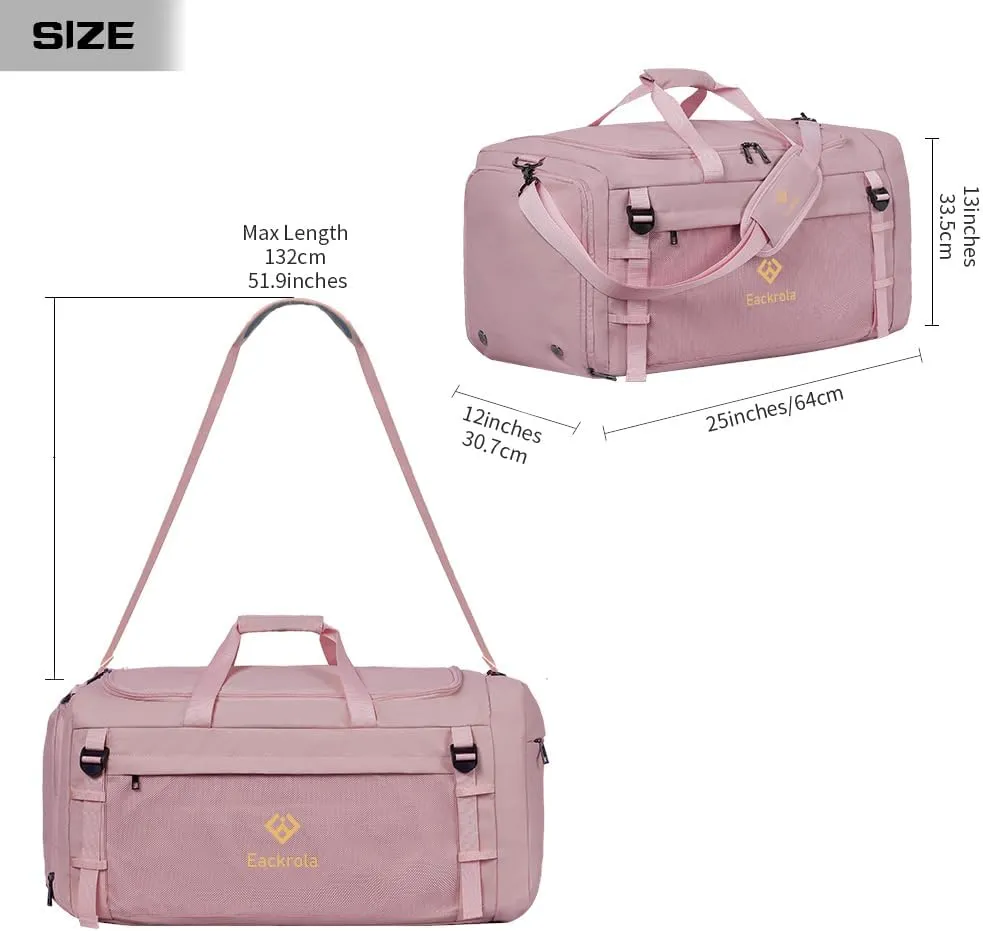 Eackrola Large Sports Gym Bag, Travel Duffel bag with Wet Pocket & Shoes Compartment for men women, 65L, LightweightPink