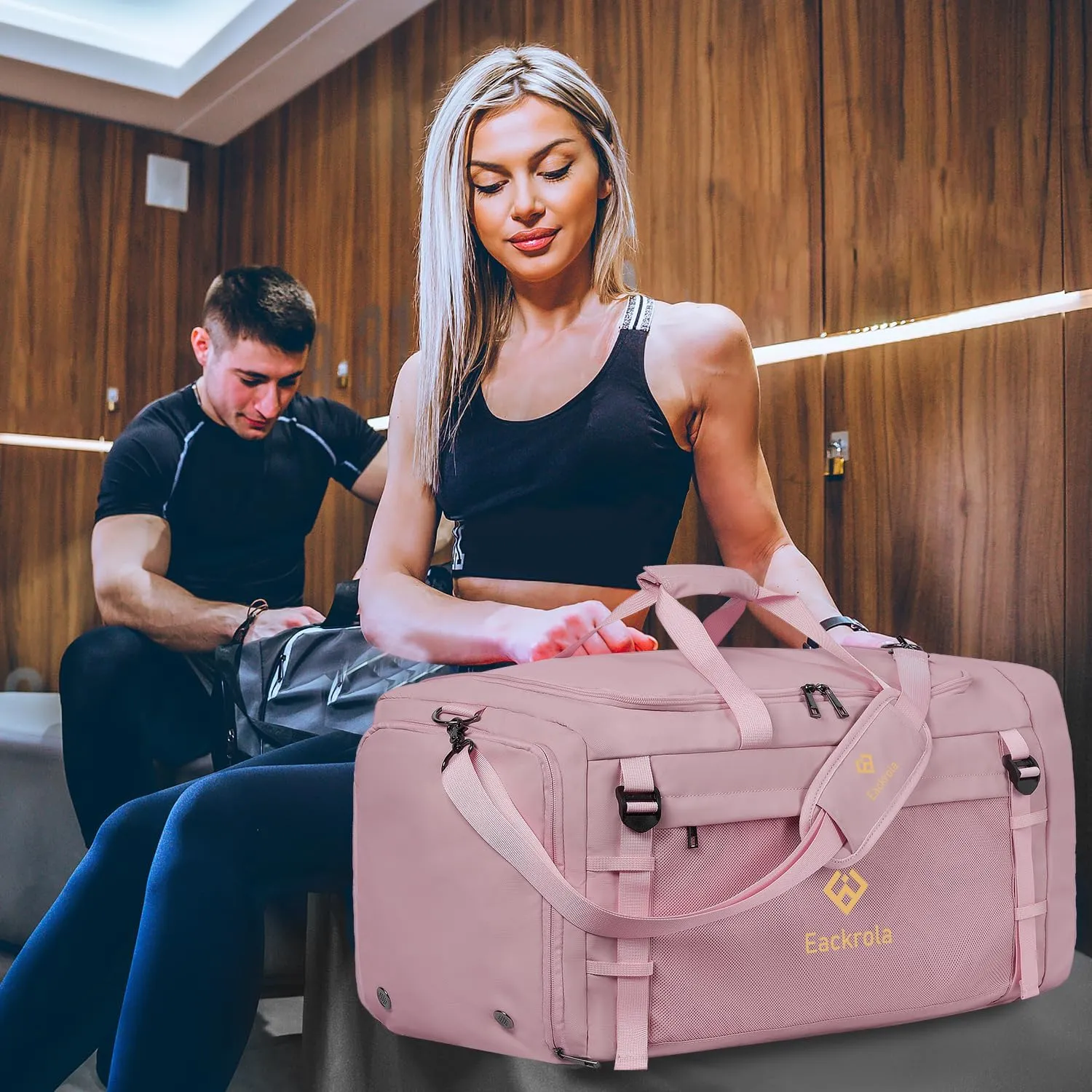 Eackrola Large Sports Gym Bag, Travel Duffel bag with Wet Pocket & Shoes Compartment for men women, 65L, LightweightPink