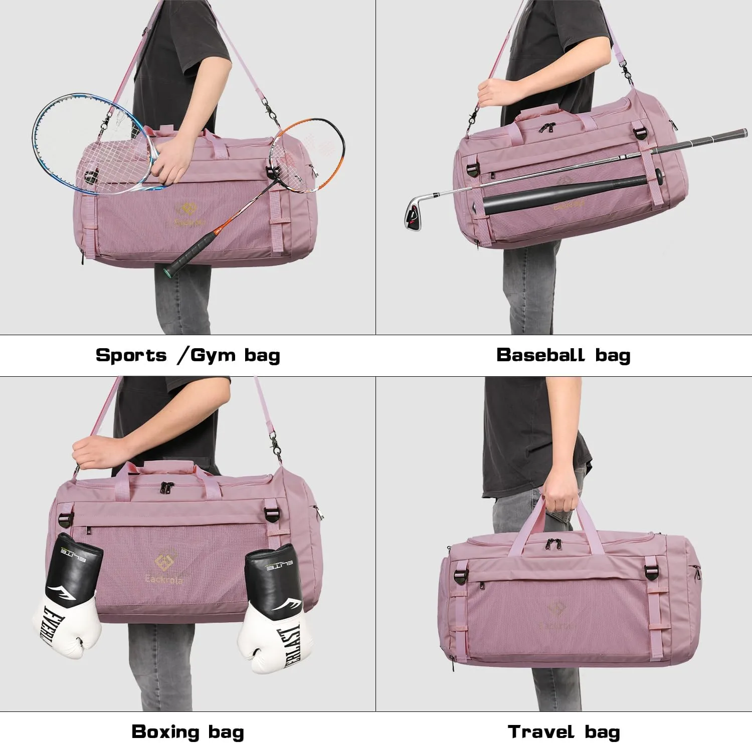 Eackrola Large Sports Gym Bag, Travel Duffel bag with Wet Pocket & Shoes Compartment for men women, 65L, LightweightPink