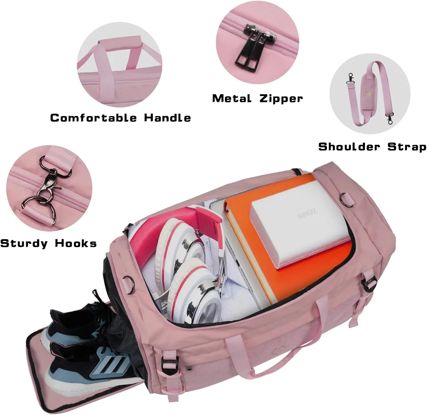 Eackrola Large Sports Gym Bag, Travel Duffel bag with Wet Pocket & Shoes Compartment for men women, 65L, LightweightPink