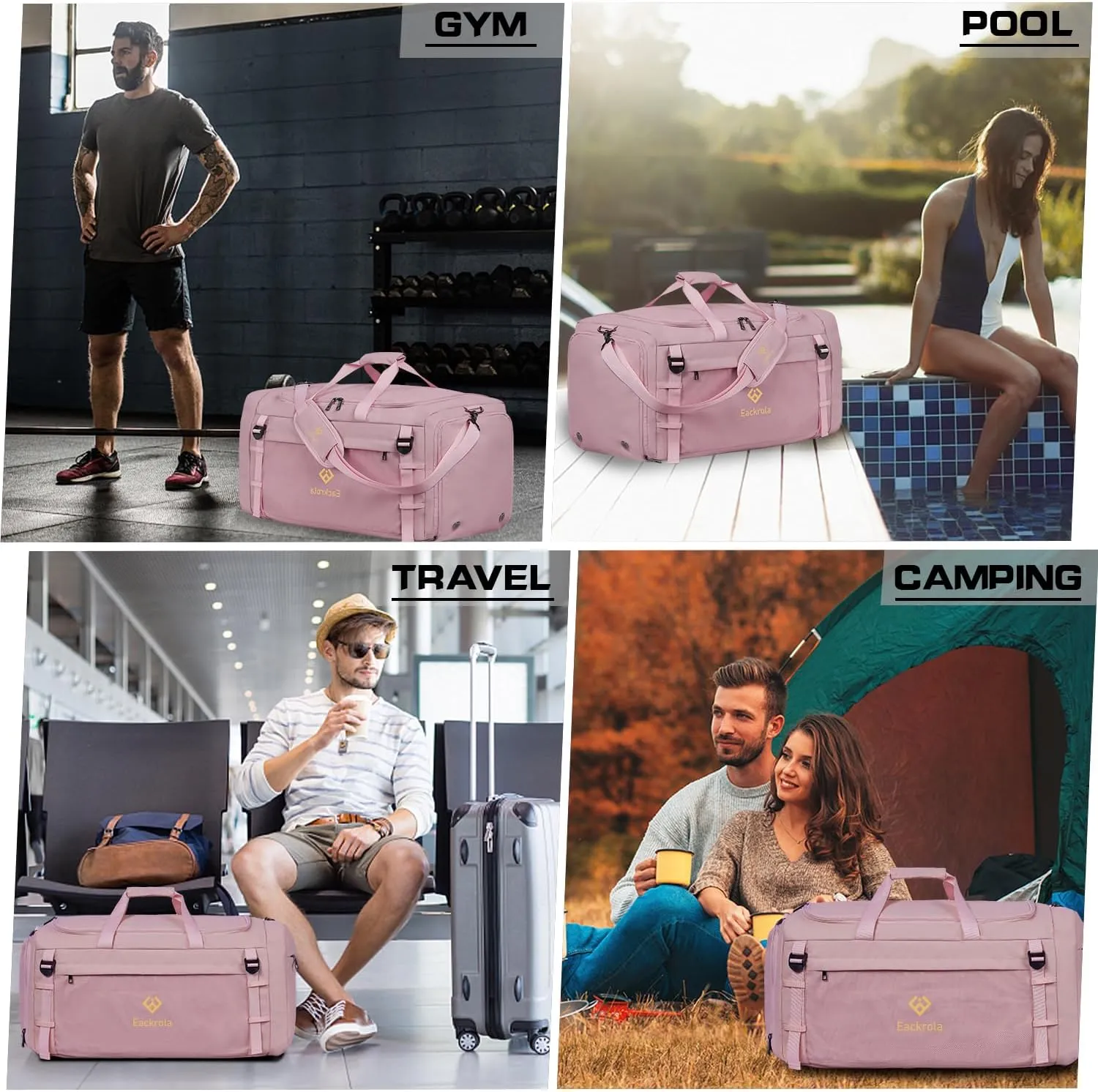 Eackrola Large Sports Gym Bag, Travel Duffel bag with Wet Pocket & Shoes Compartment for men women, 65L, LightweightPink