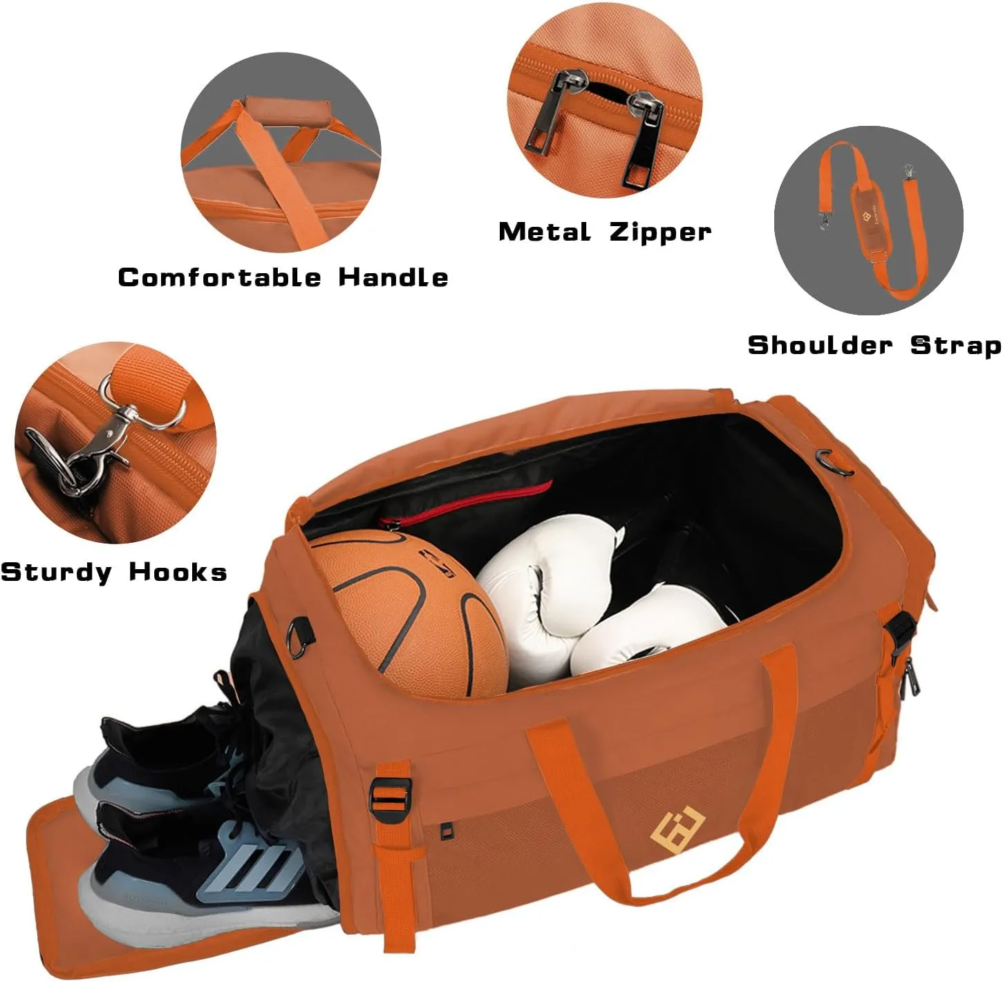 Eackrola Sports Gym Bag, Travel Duffel bag with Wet Pocket & Shoes Compartment for men women, 65L, Lightweight (Orange)