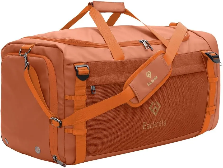 Eackrola Sports Gym Bag, Travel Duffel bag with Wet Pocket & Shoes Compartment for men women, 65L, Lightweight (Orange)