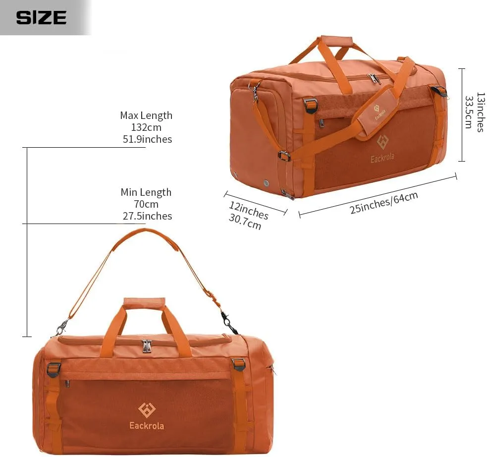 Eackrola Sports Gym Bag, Travel Duffel bag with Wet Pocket & Shoes Compartment for men women, 65L, Lightweight (Orange)