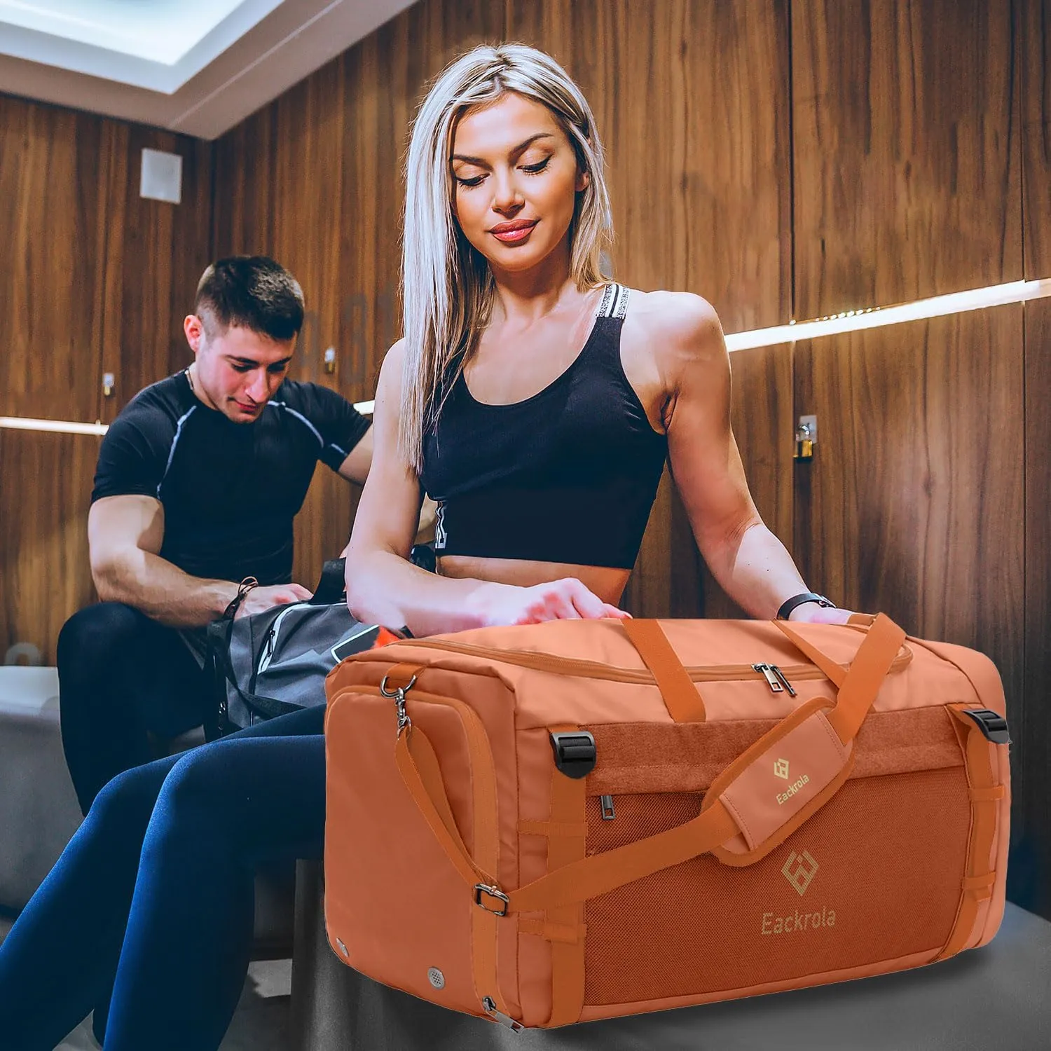 Eackrola Sports Gym Bag, Travel Duffel bag with Wet Pocket & Shoes Compartment for men women, 65L, Lightweight (Orange)
