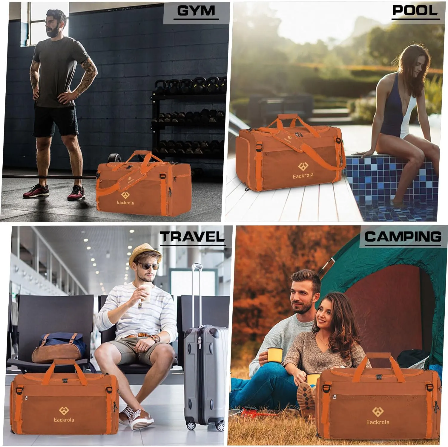 Eackrola Sports Gym Bag, Travel Duffel bag with Wet Pocket & Shoes Compartment for men women, 65L, Lightweight (Orange)
