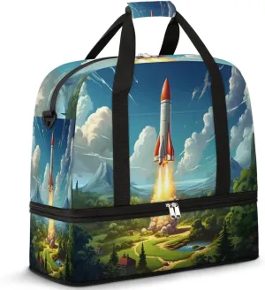 Earth Rockets Print Foldable Travel Duffel Bag Overnight Weekender Bag with Shoes Compartment Sports Gym Bag for Men Women