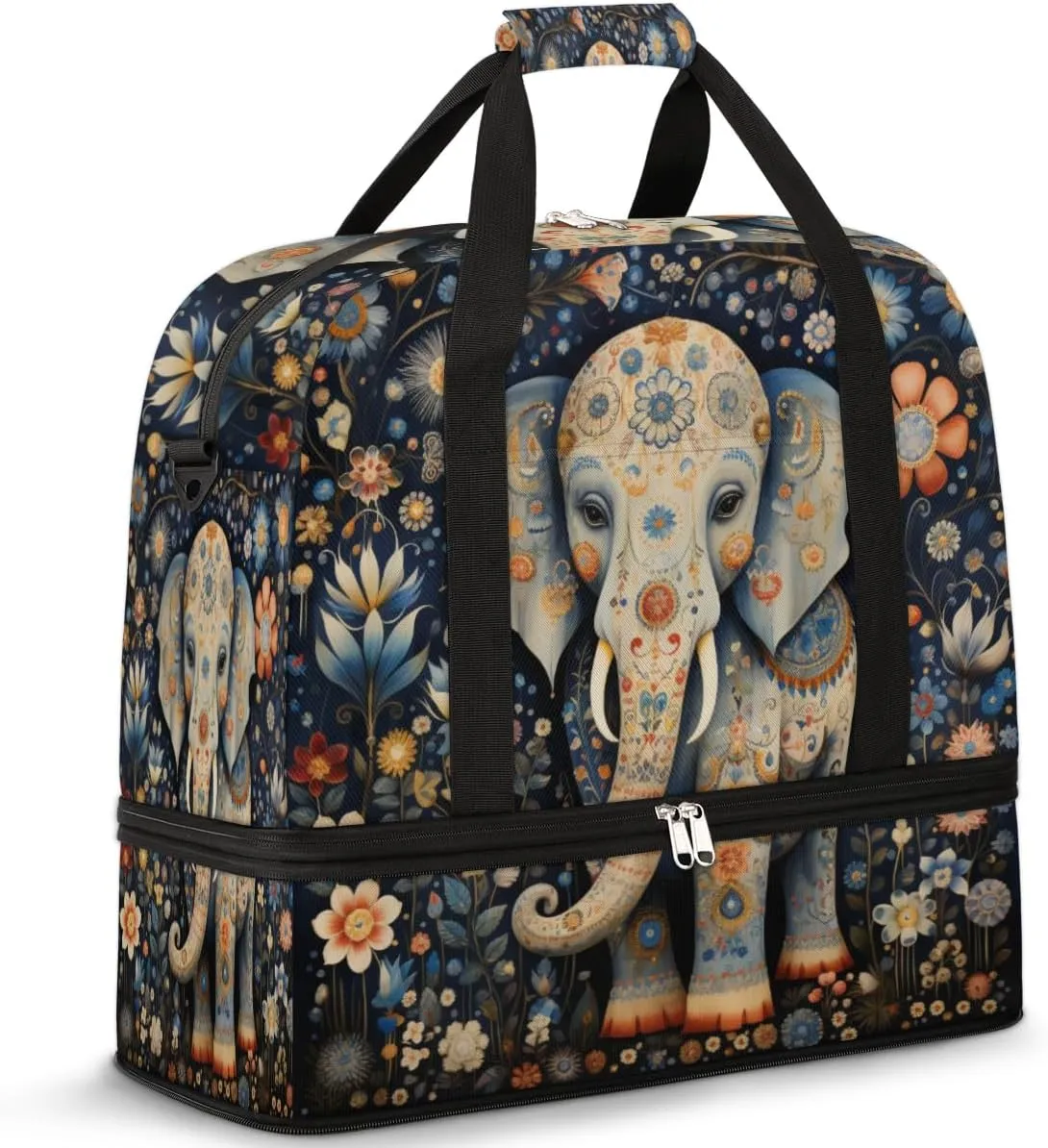Elephant Ethnic Style Foldable Travel Duffel Bag Overnight Weekender Bag with Shoes Compartment Sports Gym Bag for Men Women
