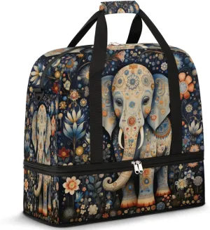 Elephant Ethnic Style Foldable Travel Duffel Bag Overnight Weekender Bag with Shoes Compartment Sports Gym Bag for Men Women
