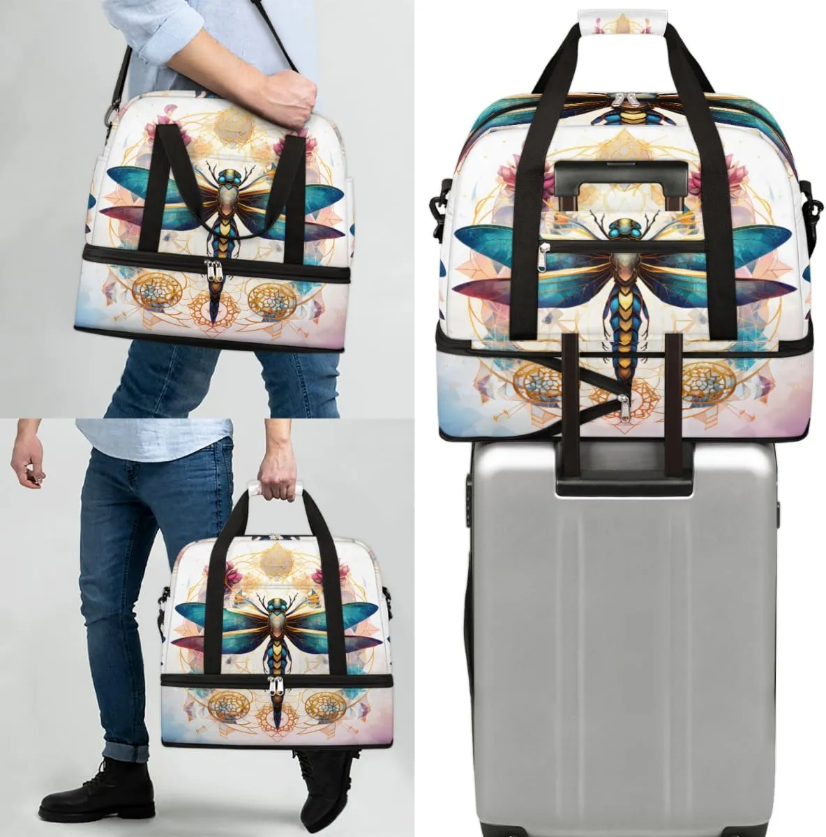Ethnic Dragonfly Foldable Travel Duffel Bag Overnight Weekender Bag with Shoes Compartment Sports Gym Bag for Men Women
