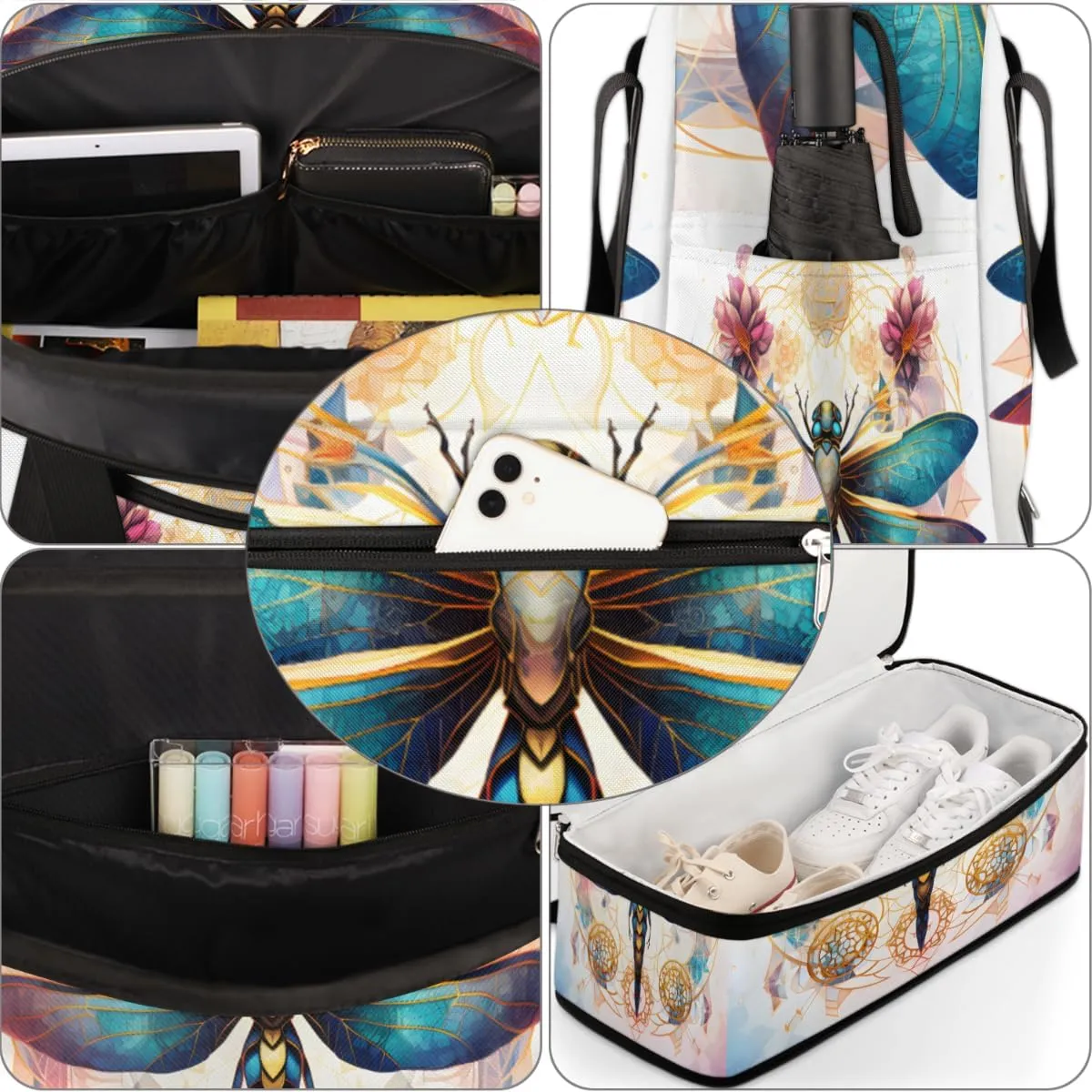 Ethnic Dragonfly Foldable Travel Duffel Bag Overnight Weekender Bag with Shoes Compartment Sports Gym Bag for Men Women