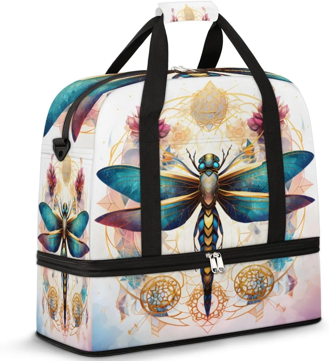 Ethnic Dragonfly Foldable Travel Duffel Bag Overnight Weekender Bag with Shoes Compartment Sports Gym Bag for Men Women