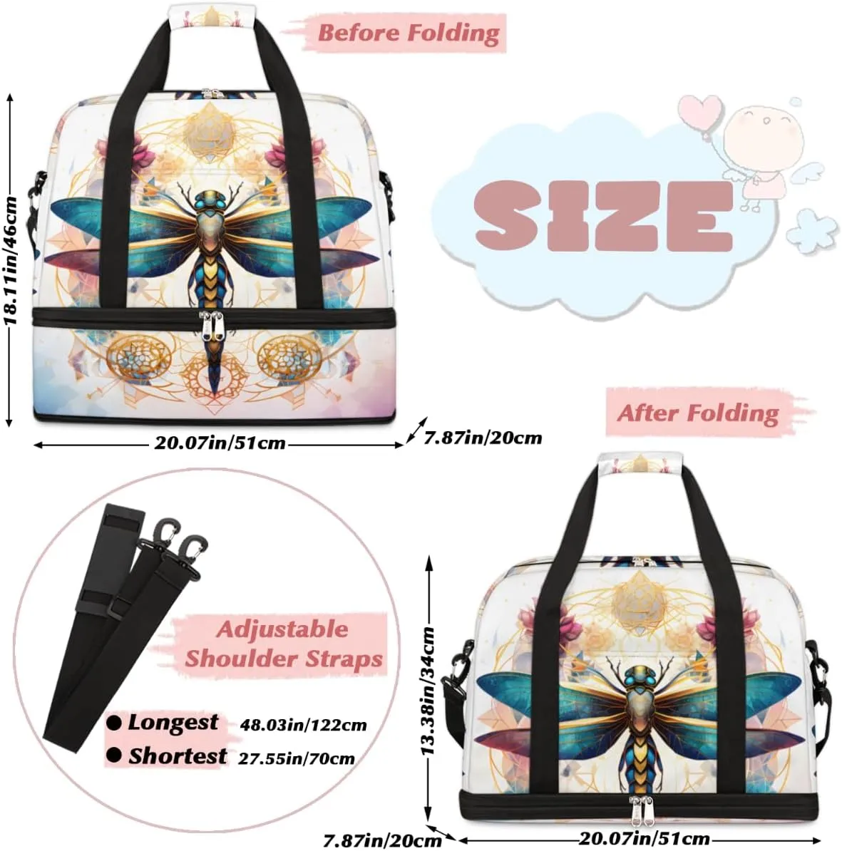 Ethnic Dragonfly Foldable Travel Duffel Bag Overnight Weekender Bag with Shoes Compartment Sports Gym Bag for Men Women
