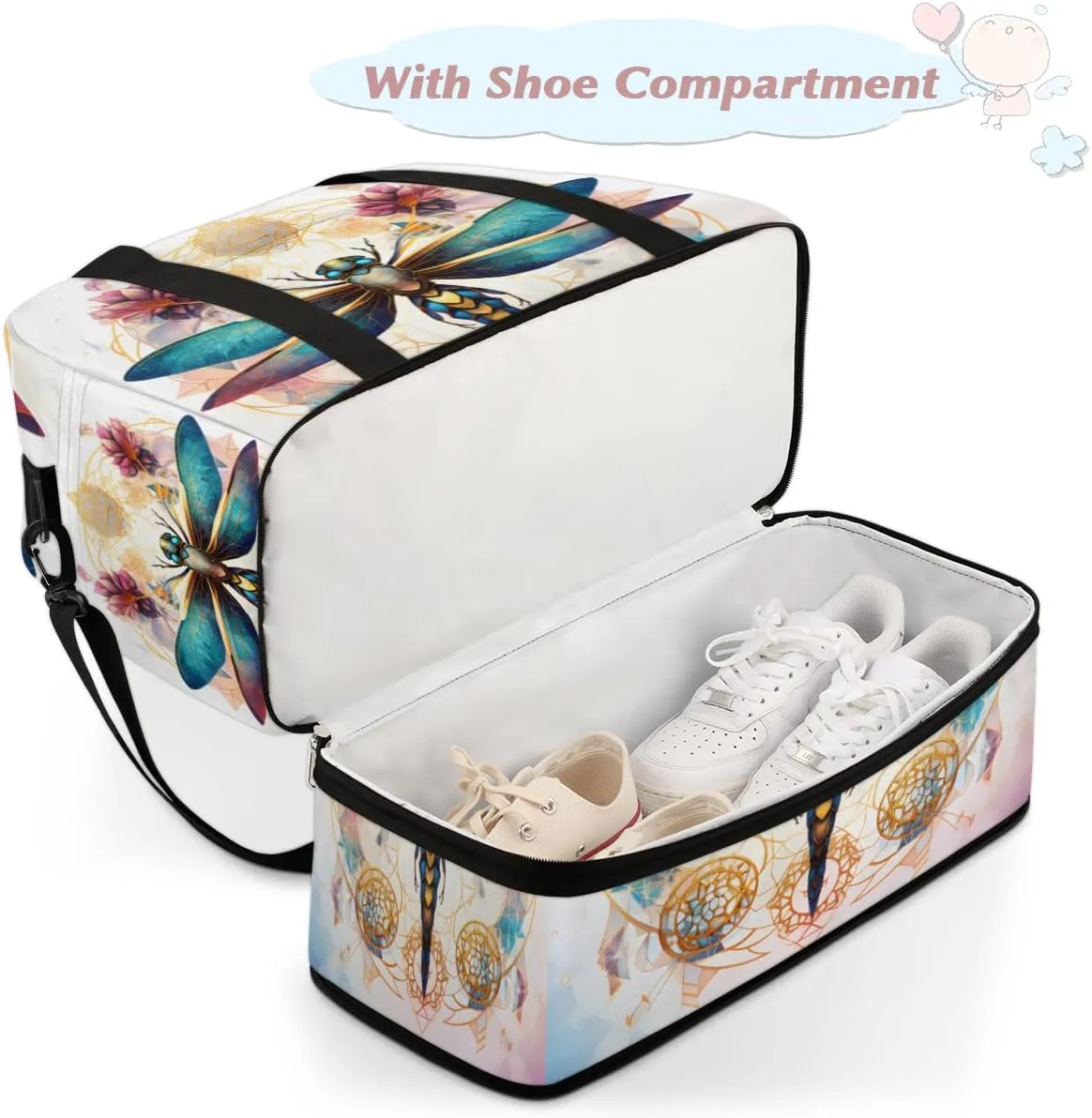 Ethnic Dragonfly Foldable Travel Duffel Bag Overnight Weekender Bag with Shoes Compartment Sports Gym Bag for Men Women