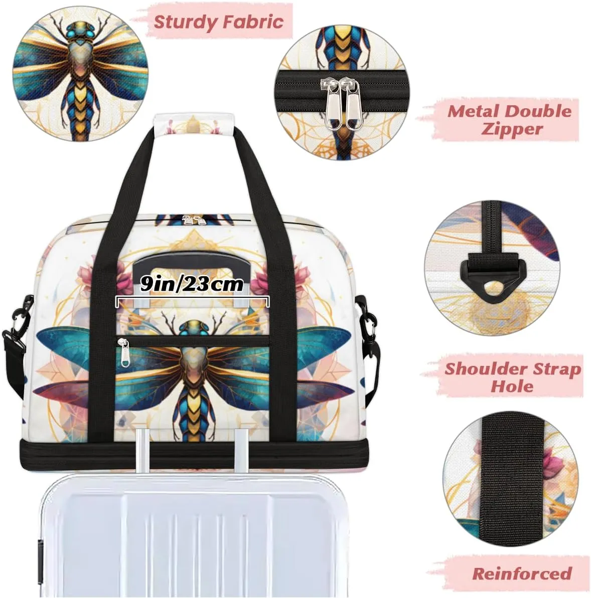 Ethnic Dragonfly Foldable Travel Duffel Bag Overnight Weekender Bag with Shoes Compartment Sports Gym Bag for Men Women