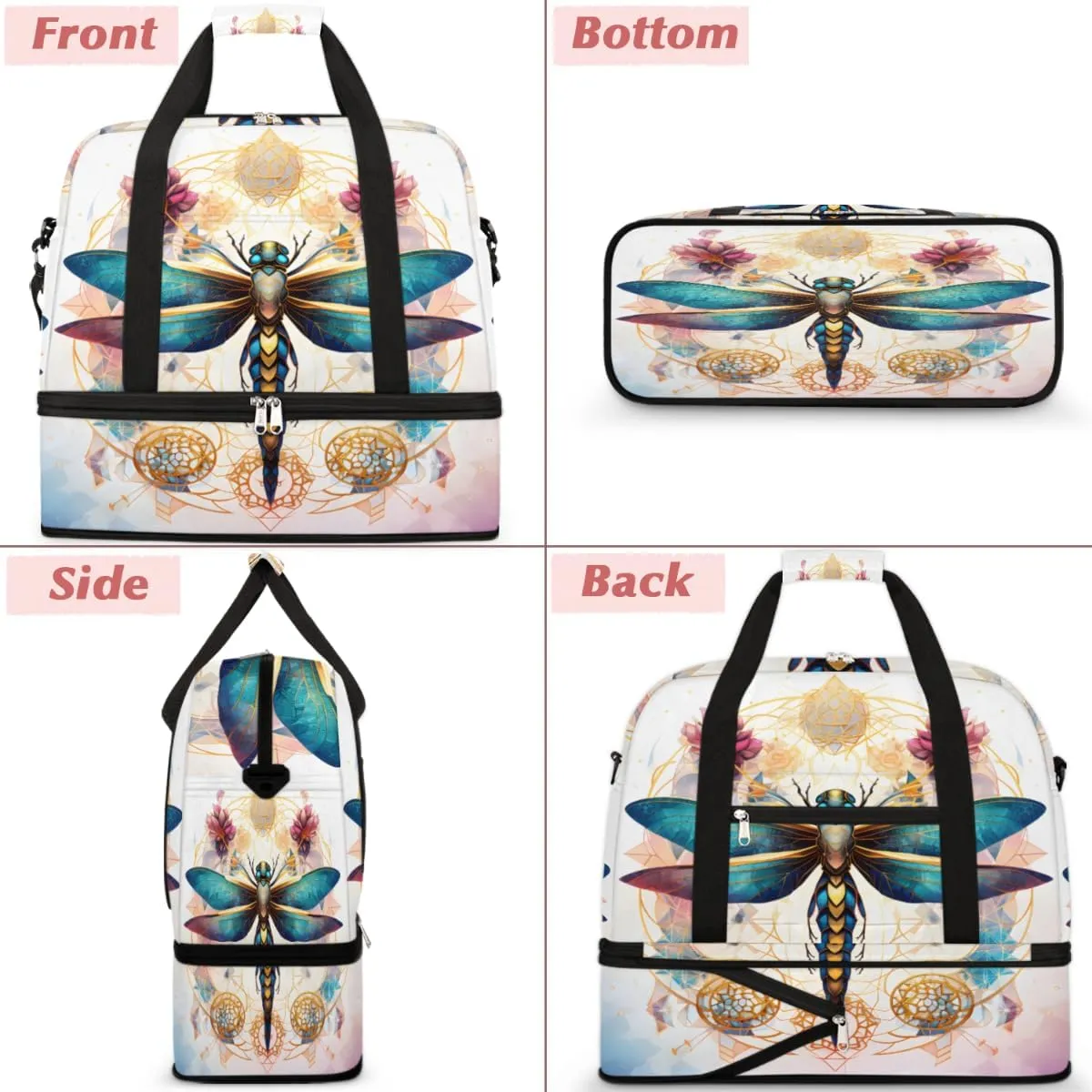 Ethnic Dragonfly Foldable Travel Duffel Bag Overnight Weekender Bag with Shoes Compartment Sports Gym Bag for Men Women
