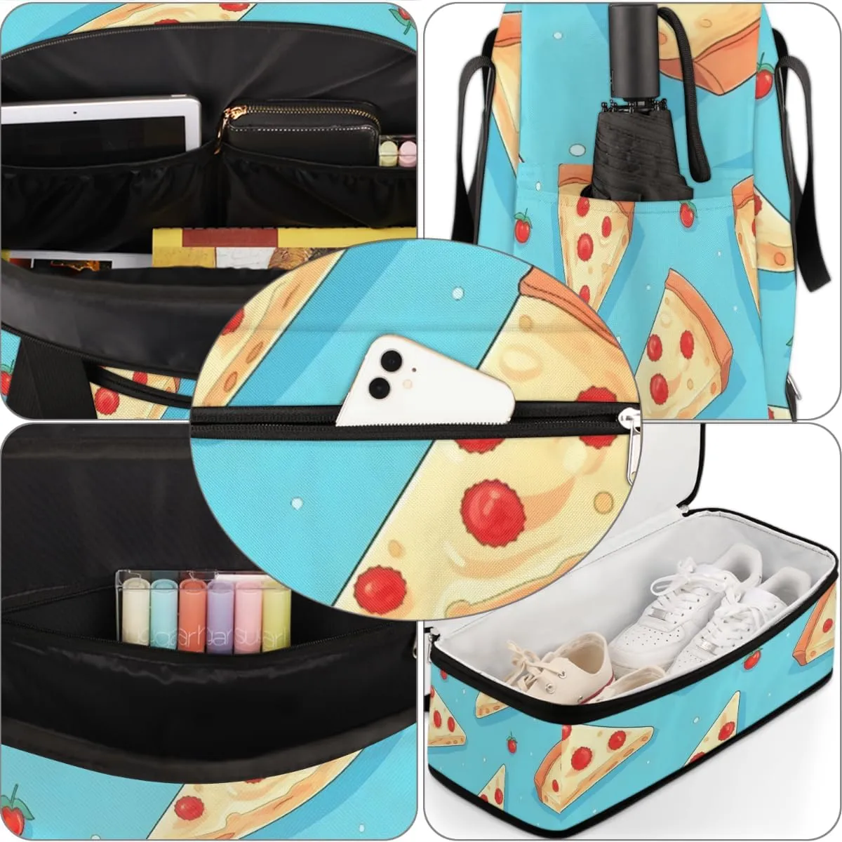 Fast Food Pizza Pattern Foldable Travel Duffel Bag Overnight Weekender Bag with Shoes Compartment Sports Gym Bag for Men Women