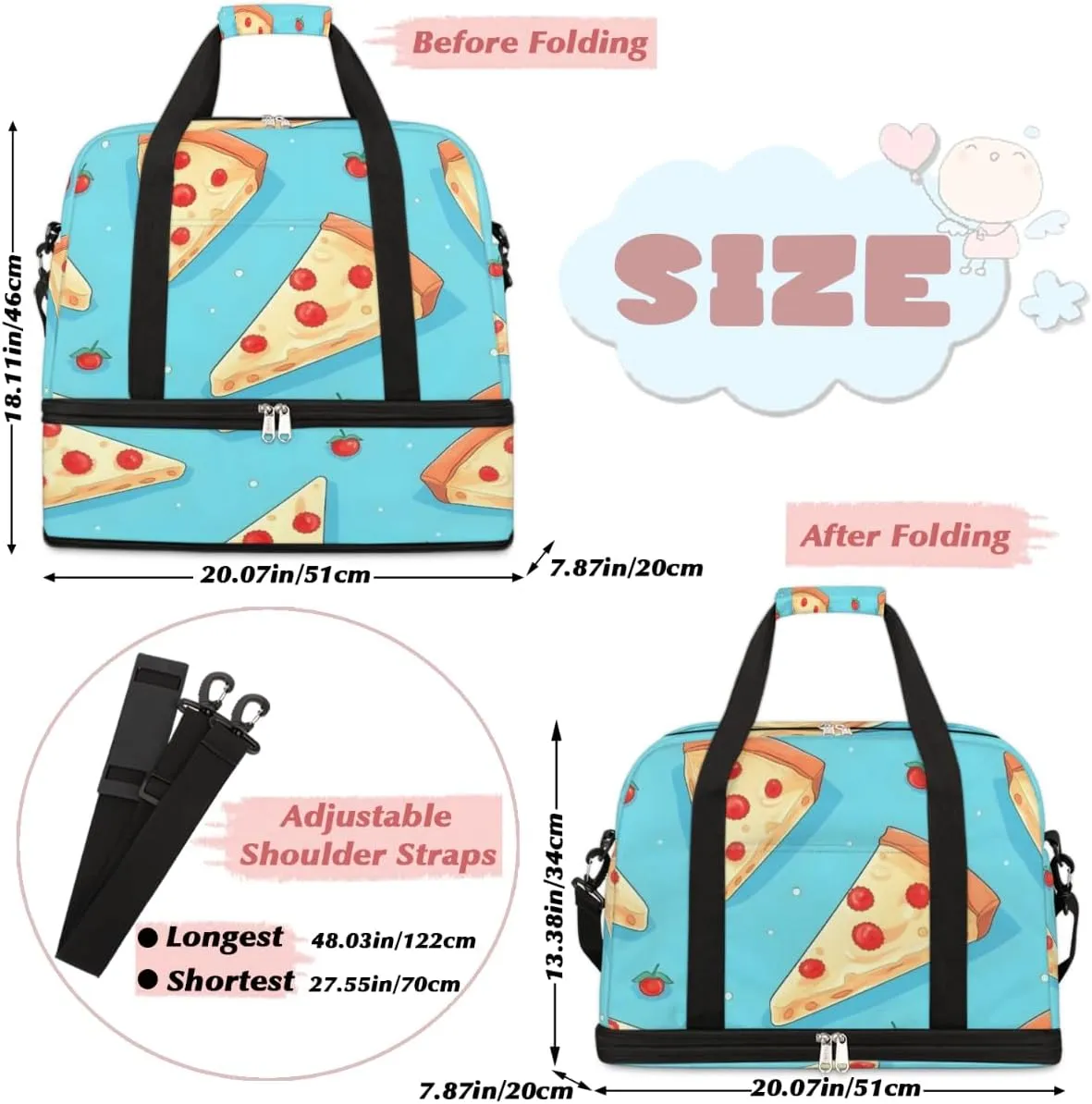 Fast Food Pizza Pattern Foldable Travel Duffel Bag Overnight Weekender Bag with Shoes Compartment Sports Gym Bag for Men Women