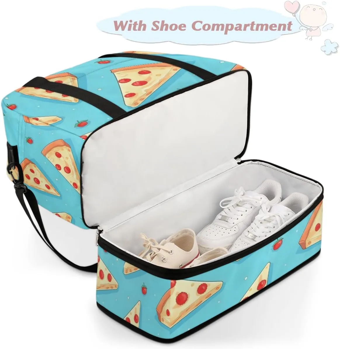 Fast Food Pizza Pattern Foldable Travel Duffel Bag Overnight Weekender Bag with Shoes Compartment Sports Gym Bag for Men Women