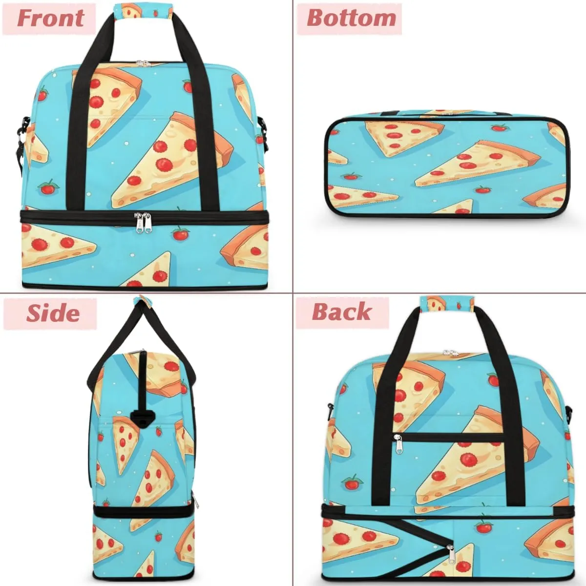 Fast Food Pizza Pattern Foldable Travel Duffel Bag Overnight Weekender Bag with Shoes Compartment Sports Gym Bag for Men Women