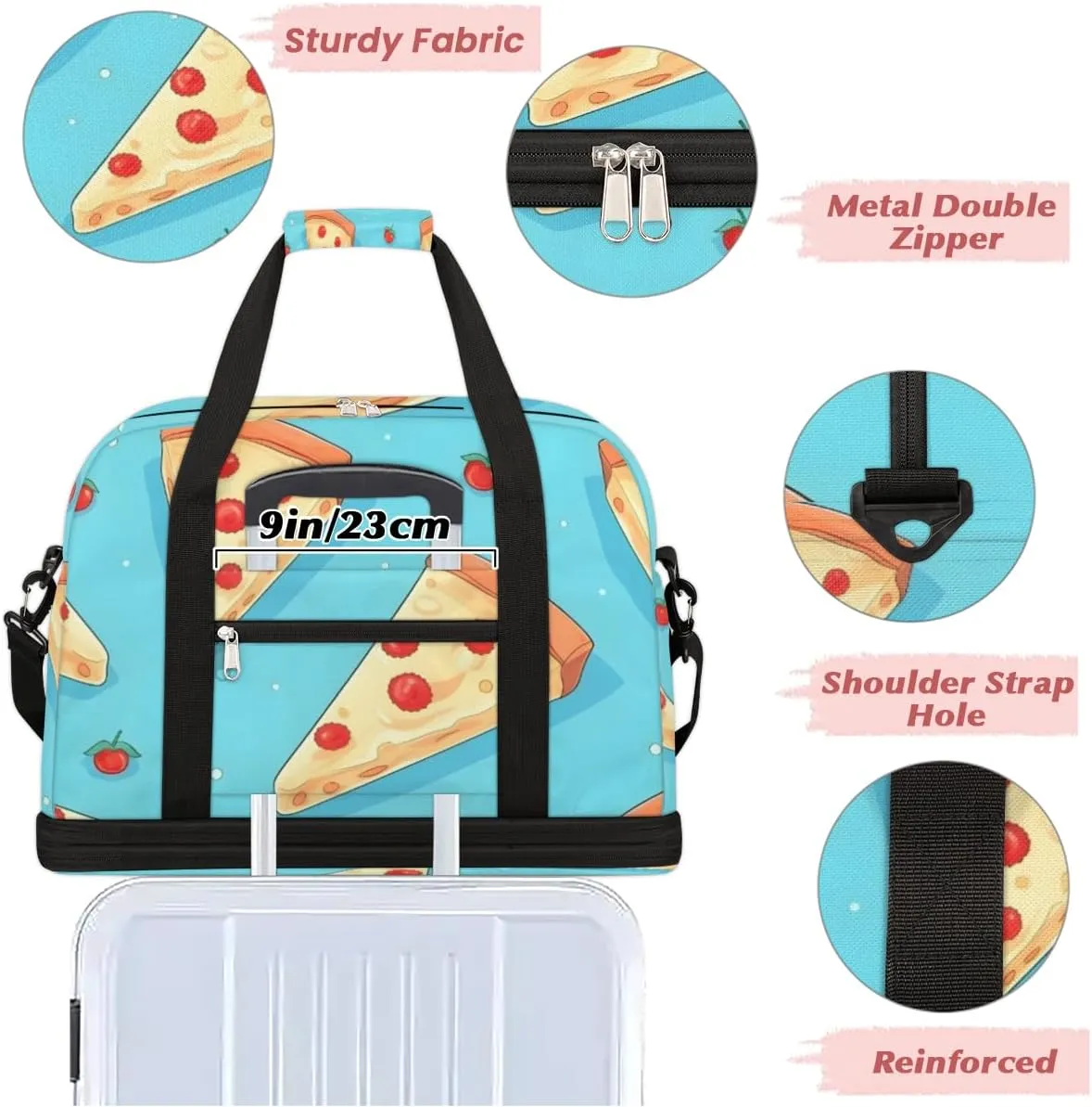 Fast Food Pizza Pattern Foldable Travel Duffel Bag Overnight Weekender Bag with Shoes Compartment Sports Gym Bag for Men Women